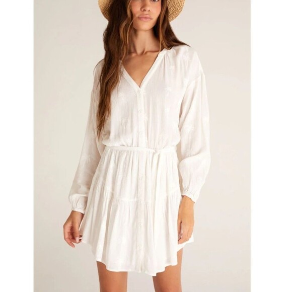 Z SUPPLY Easy To Love Palm Mini Dress White Embroidered Elastic Waist Women's XS - Picture 1 of 12